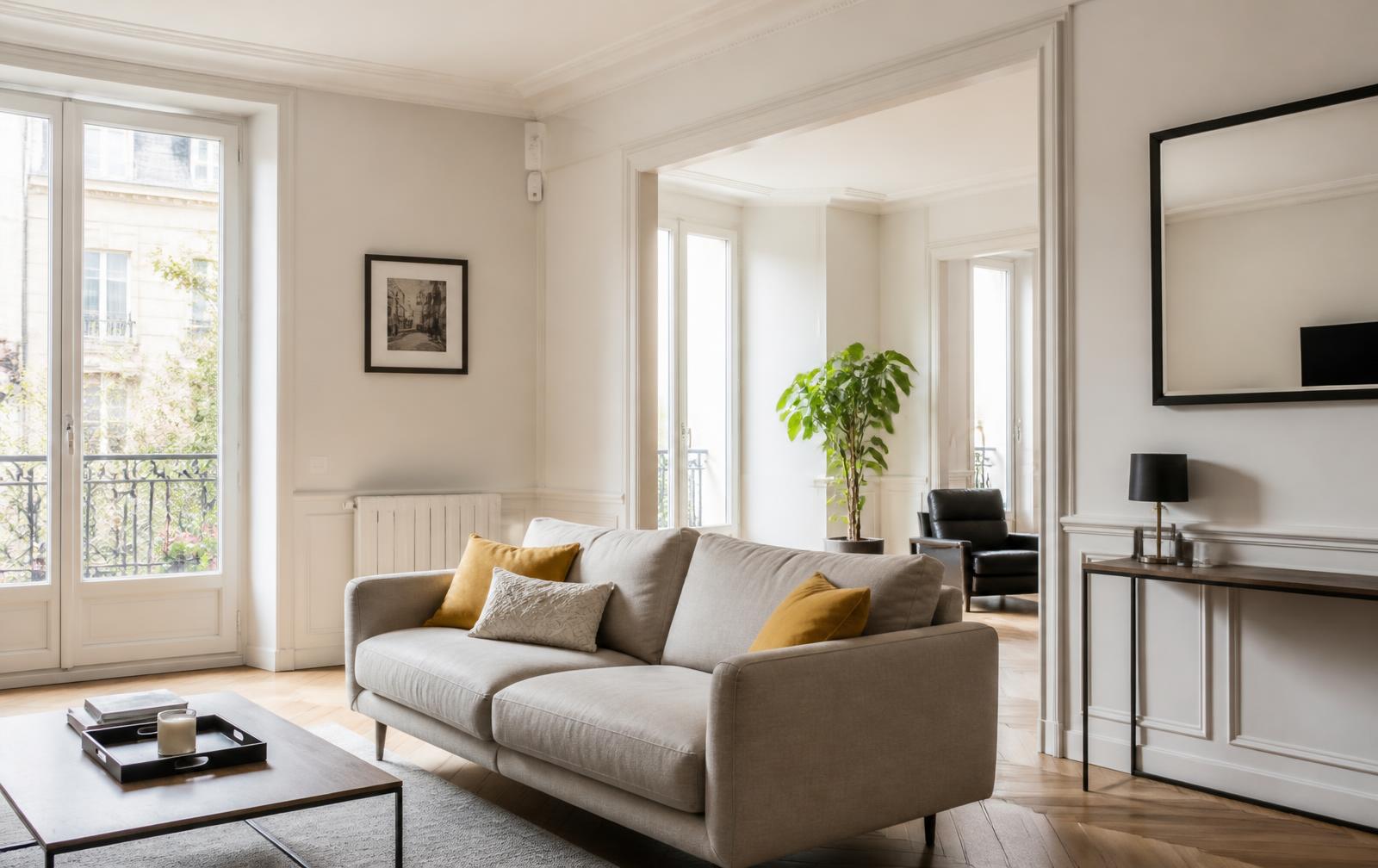 Séjour d'un appartement équipé d'un détecteur de mouvement sans fil DAITEM Séjour d'un appartement équipé d'un détecteur de mouvement sans fil DAITEM